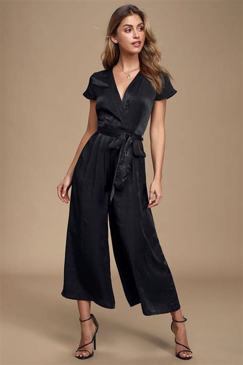 Simply Sleek Black Satin Short Sleeve Culotte Jumpsuit Dressy Rompers