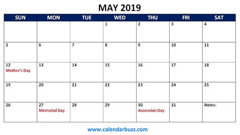 Free 2019 Holidays Printable Calendar Monthly Templates Calendarbuzz