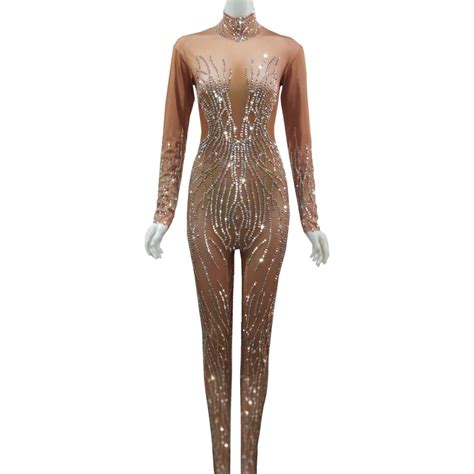 Shining Silver Rhinestones Nude Jumpsuit Women Sexy Performance Bodysuit Female Rompers Stage