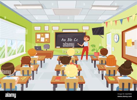 Cartoon Kids And Teacher In Classroom Elementary School Pupils