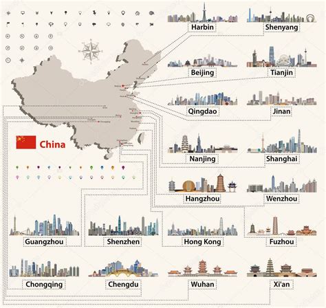 Vector Map Of China With Largest Chinese City Skylines Navigation