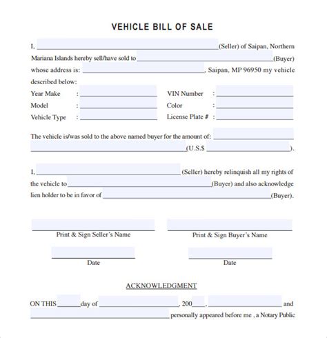 Free Printable Vehicle Bill Of Sale Template