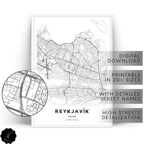 Reykjavik Map Printable Wall Art Maps As Art Reykjavik City Etsy