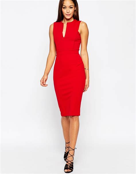 Lyst Asos Pencil Dress With Plunge Neckline In Red