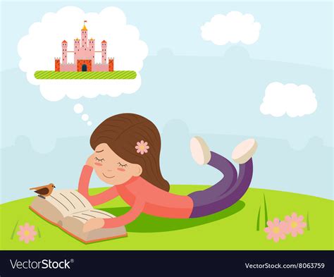 Girl Young Happy Smiling Reading Book Lying On Vector Image