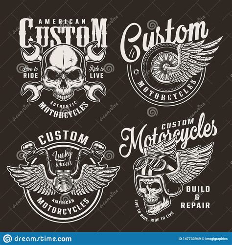 Vintage Monochrome Custom Motorcycle Logos Stock Vector Illustration
