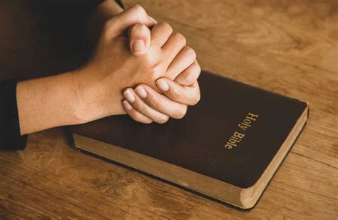 Woman Bible Praying Hands Clasped Together Her Bible Wooden Table Stock