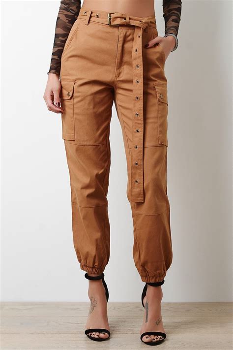 High Waisted Eyelet Belted Cargo Pants Pants Cargo Pants High Waisted