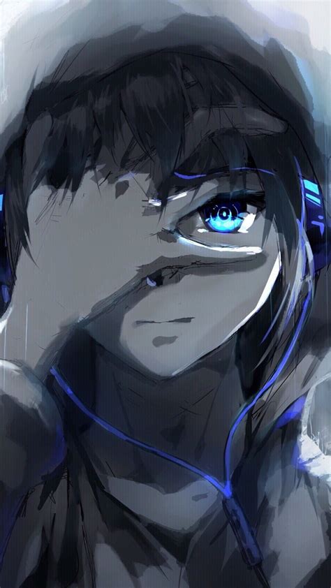 Anime Boy Hoodie Blue Eyes Headphones Painting Ilustrasi Karakter