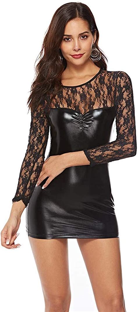 Femmes Robe En Cuir Sexy Moulante Dos Nu Wetlook Clubwear Mini Robe Sexy Courte Manches