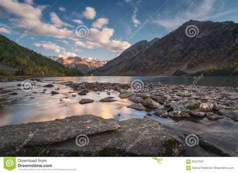 Rocky Lake Surrounded With Mountains Under Blue Sky Altai Mountains