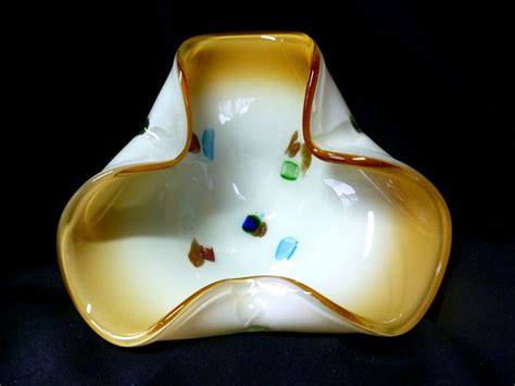 Vintage Venetian Murano Cased Art Glass Bowl By Fratelli Toso Free Form Sculptured Opaline Bowl