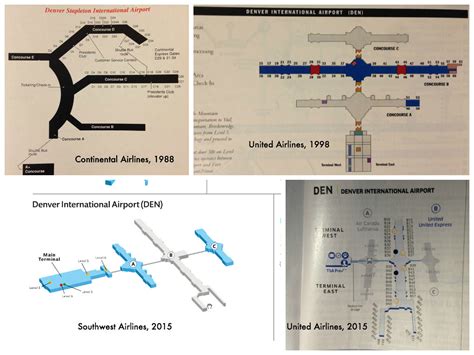 Denver international airport den, also known as dia, is located 25 miles northeast of downtown denver and replaced the outdated stapleton international transportation between the terminals and concourses is done by underground train or walkway between the jeppensen terminal and. Denver Airport terminal maps, 1988-2015 | Four airline ...