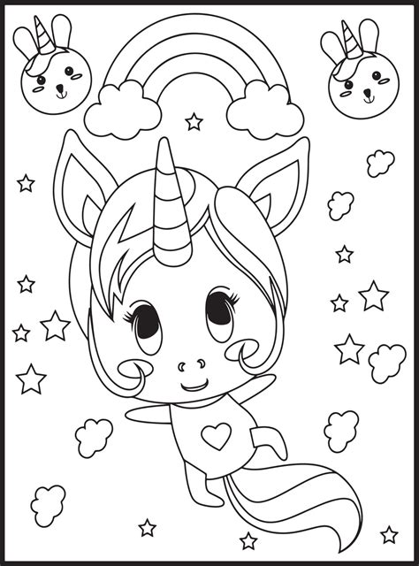 Cute Kawaii Unicorn Coloring Pages 19549134 Vector Art At Vecteezy