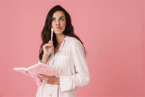 thinking beautiful woman wearing pajama writing down notes in bunny diary stock image image of