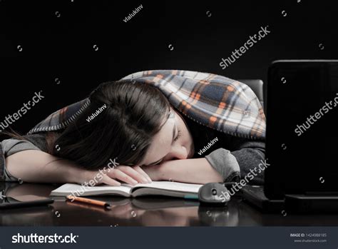 Female Student Sleeping Books Her Desk Stock Photo 1424988185