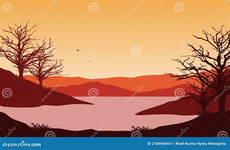 Beautiful Mountain Views From The Riverbank At Sunset Vector