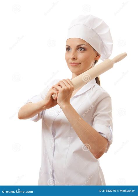 Baker Chef Woman Holding Baking Rolling Pin Stock Photo Image Of Adult Head