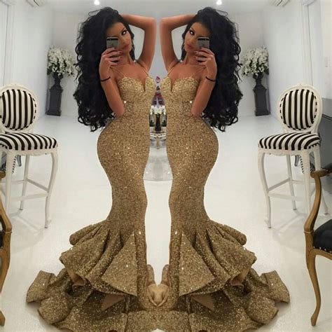 Luxurious Mermaid Long Straps Gold Sequins Prom Dress With Side Slit On Storenvy