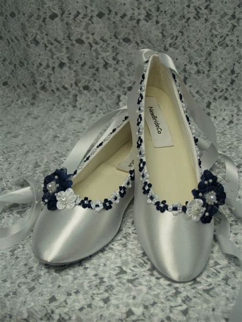 Wedding Flat Shoes Navy Blue Trims On Ballet Style Slipper Etsy