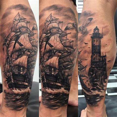 Ship And Light House Pirate Skull Tattoos Pirate Ship Tattoos Pirate