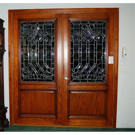 10524 Pair Of Antique Leaded And Beveled Glass Panels Inset In Oak From