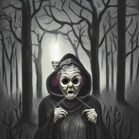 Krea Creepy Old Lady In Dark Woods Wearing Mask And Holding A Lantern