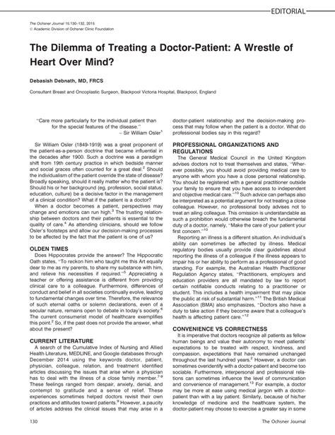 Pdf The Dilemma Of Treating A Doctor Patient A Wrestle Of Heart Over