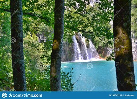 Lake With Luminous Azure Colored Water And Waterfalls Plitvice Lakes
