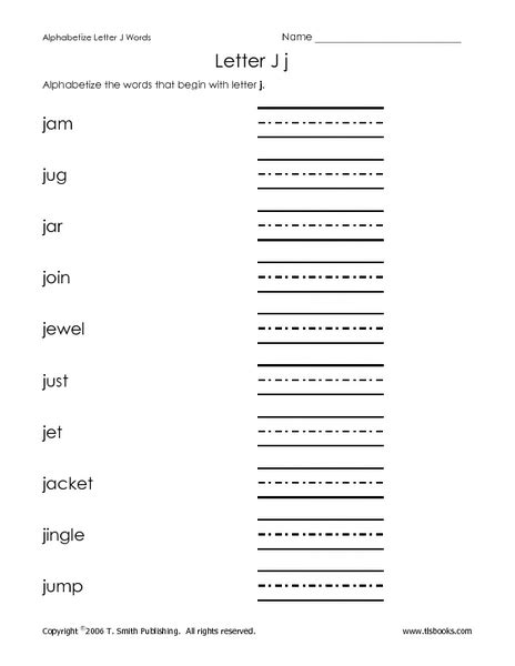 Alphabetize Letter J Words Worksheet For 3rd 4th Grade Lesson Planet