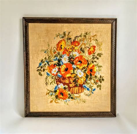 Vintage Embroidered Wall Art Large Floral Still Life In Orange Yellow
