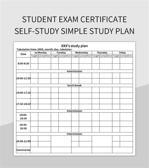 Student Exam Certificate Self Study Simple Study Plan Excel Template