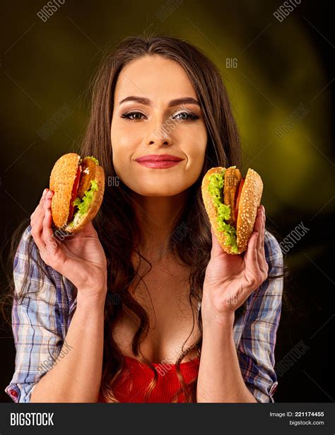 Woman Eating Hamburger Image Photo Free Trial Bigstock