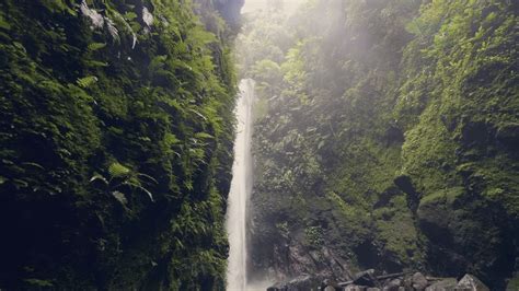 Beautiful Mountain Waterfall In Green Rainforest Flowing From High