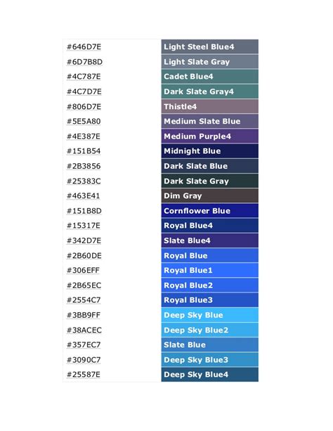 Web design colour charts sorted by color group: color code