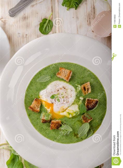 The spinach acts as the base to bring all. Spinach Soup With Poached Egg Stock Photo - Image of cream, dinner: 119619850