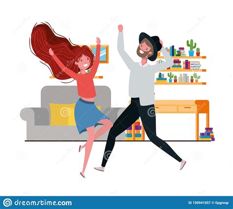Young Couple Dancing In Living Room Character Stock Vector