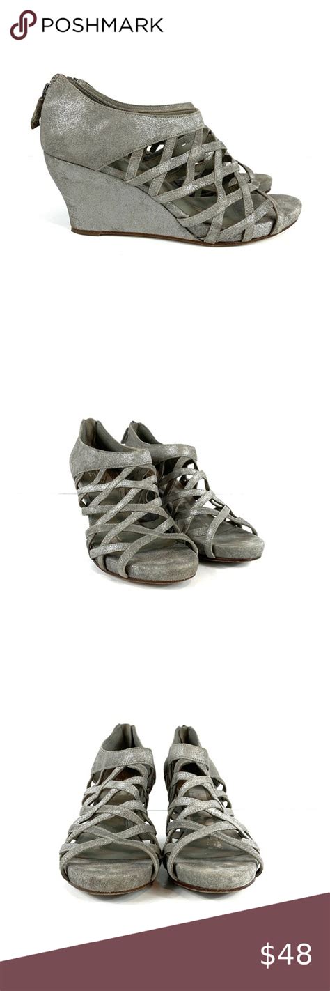 Eileen Fisher Cage Lattice Leather Wedge Sandals Metallic Leather