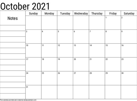 2021 October Calendars Handy Calendars