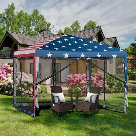 Outdoor 10 X 10 Pop Up Canopy Tent With Mesh Walls American Flag