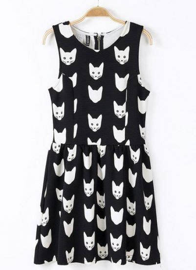 Black Round Neck Sleeveless Cats Print Dress Cat