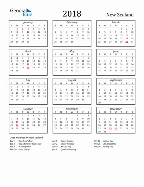 2018 New Zealand Calendar With Holidays