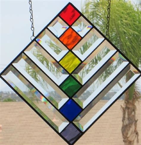 Lgbt Rainbow Stained Glassbeveled Glass Geometric Window Etsy