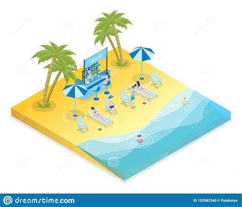 de recreatie isometrische vectorillustratie van het zandstrand mannelijke en vrouwelijke