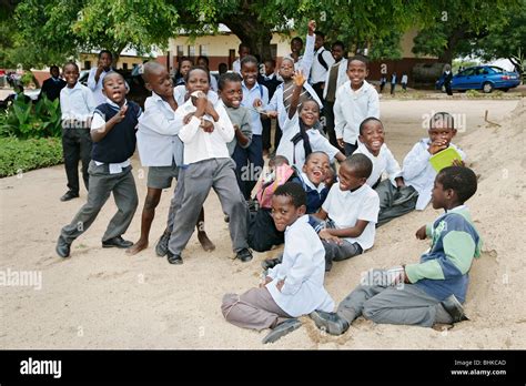 Black South African School Children Posing In Their School Yard Stock