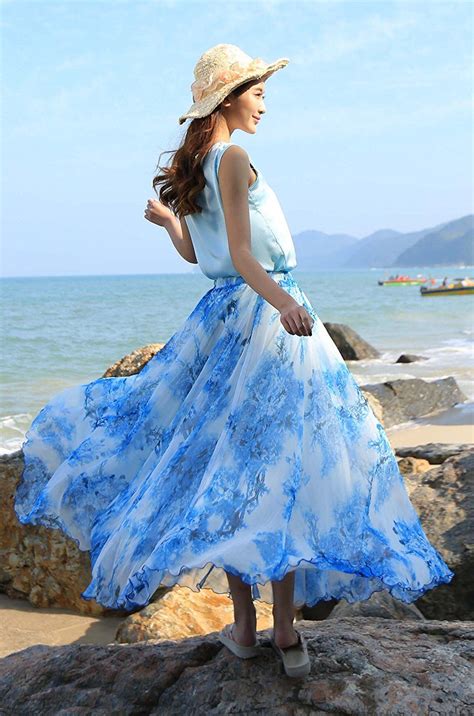 Dreagal Full Ankle Length Elastic Pleated Retro Maxi Chiffon Bohemian Long Skirt Chiffon Maxi