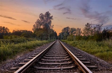 Railroad Tracks And Beautiful Sky At Sunset Stock Image Image Of