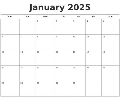 January 2025 Free Calendar Template