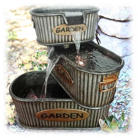 Rustic Old Fashioned 3 Tier Pouring Lighted Tin Garden Bucket Fountain