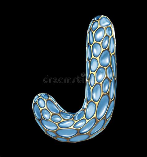 Golden Shining Metallic D With Blue Glass Symbol Capital Letter J Uppercase Isolated On Black